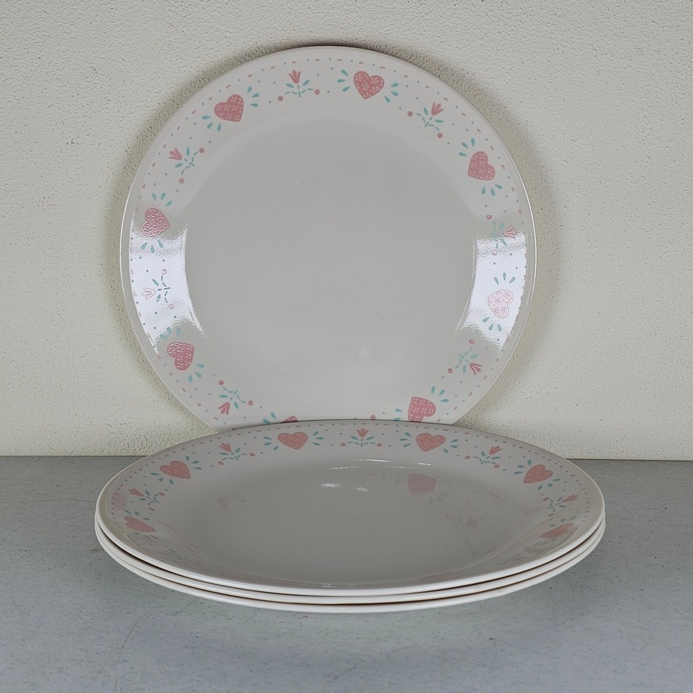 4 Vintage Forever Yours Corelle  Dinner Plates Pink Hearts